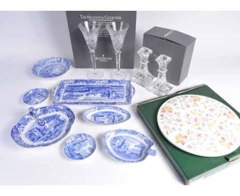 A small collection of blue and white Spode a boxed pair of Waterford candlesticks and a set of glasses, together with a boxed