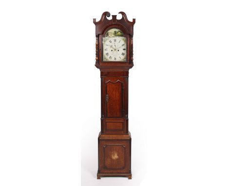 A 19th Century oak and mahogany longcase clock with painted dial by Wolston Roberts of Derby, 220cm high overall