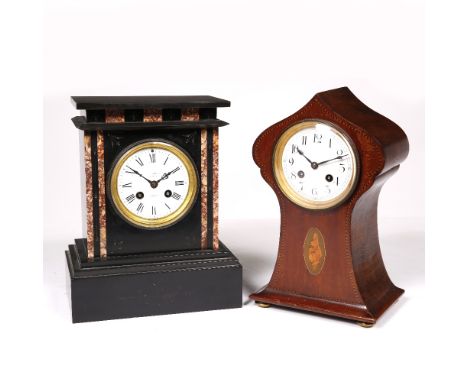 A Victorian black slate mantel clock with striking movement, 28cm and an Edwardian mahogany balloon shaped mantel clock, 30cm