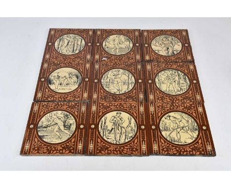 JOHN MOYR SMITH FOR MINTONS; nine transfer printed tiles, decorated with classical figures inside a floral border, 20x20cm (9
