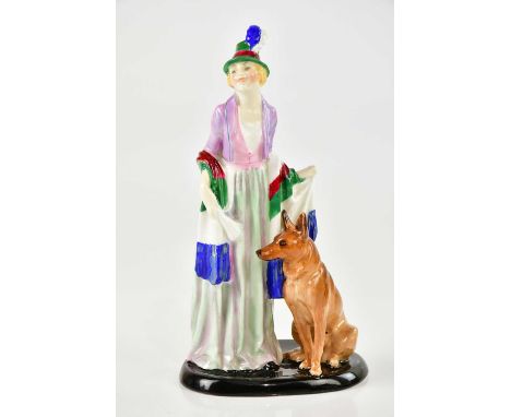 LESLIE HARRADINE FOR ROYAL DOULTON; a rare figure 'Rosamund' (with dog), rare version, introduced 1929, withdrawn by 1938, im