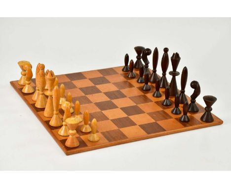ARTHUR ELLIOTT FOR ANRI; a space age 1970s wooden chess set with board, boxed. Condition Report: Light wear, scuffs and knock