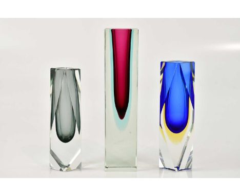 ALESSANDRO MANDRUZZATO FOR MURANO; three sommerso glass vases, including a rectangular example, height 22cm (3).Condition Rep