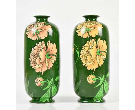 FOLEY INTARSIO; a pair of cylindrical vases, decorated with floral sprays 7398, height 21cm (2).