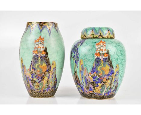 CROWN DEVON; a mattajade ginger jar and cover decorated in the 'Fairy Castle' pattern, height 22cm, and a vase with inverted 