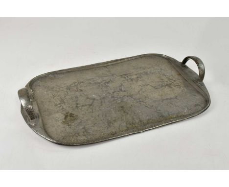 ARCHIBALD KNOX FOR TUDRIC PEWTER; an Arts &amp; Crafts planished pewter twin handled tray, impressed marks and numbered 043, 