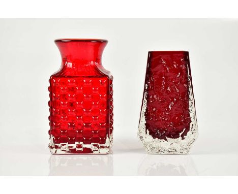 GEOFFREY BAXTER FOR WHITEFRIARS; a chessboard vase, shape number 9817, in the ruby colourway, height 15cm, and a coffin vase,