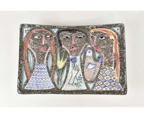 MARI SIMMULSON FOR UPSALA EKEBY; a footed bowl of rectangular form, decoration with three stylised maidens, signed, length 36