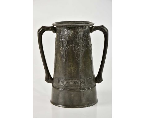 DAVID VEASEY FOR LIBERTY & CO; an Arts & Crafts Tudric pewter twin handled vase, relief decorated with trees and verse 'For O