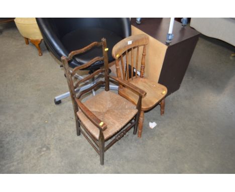 A child's ladder back carver chair; together with a child's elm seated stick back chair