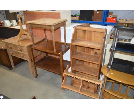 A pine hanging shelf together with a pine open fronted bookcase; two tier tea trolley and a hardwood coffee table