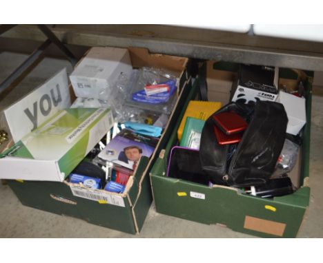 A box containing various mobile phones to include an I-phone 4, Huddle tablet, various light bulbs etc.