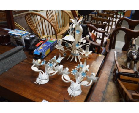 A three branch light fitting and matching wall lights