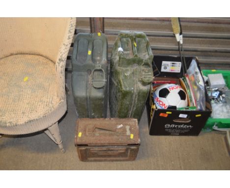 Two Gerry cans and a metal ammunition box