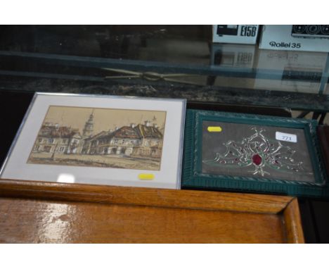 A pewter and enamel decorated plaque and a watercolour
