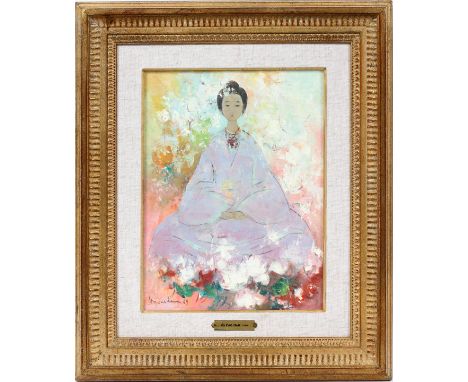 VU CAO DAM (FRENCH, 1908-2000) OIL ON CANVAS, C. 1969, H 15", W 12", SEATED WOMAN PORTRAIT Signed and dated lower left and fr