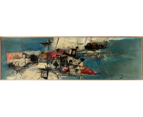 MURRAY JONES, MIXED MEDIA 1948 18" X 60" DETROIT SKYLINE Detroit Industrial Skyline circa 1948. Acrylic, oil and collaged ele