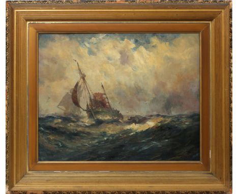 ROBERT HOPKIN, (AMER. 1832-1909), OIL ON ARTIST BOARD, SAILING SHIPS AT SEA, H 30", W 35" Depicts two sailing ships under red