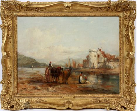 ATT. F. W. WATTS, OIL ON CANVAS, H 14", L 18", RIVER ESTUARY WITH FIGURES Attributed to Frederick Waters Watts [BRITISH, 1800