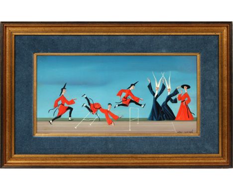 CARLO CANEVARI (ITALIAN, 1922-1996) OIL ON BOARD, H 8 1/2", W 17", NUNS Signed lower right, framed. As viewed under UV light 