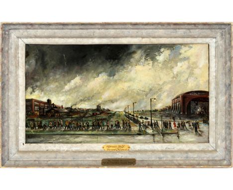 RAYMOND GEORGE HITCHCOCK (AMERICAN 1884-1963), OIL ON MASONITE, 1940, H 11", W 22", "AFTERNOON SHIFT"Signed and dated lower l