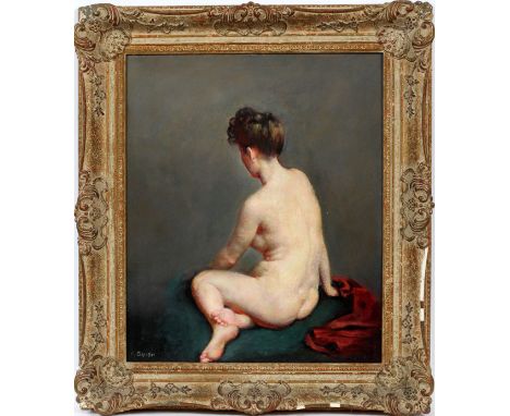 MOLLY GUION (1910-1982) OIL ON MASONITE, H 24", W 20", NUDE WOMAN Depicting a seated female nude. Signed lower left and frame