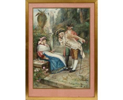 CAMILLO GIOJA BARBERA, WATERCOLOR H 21", L 14 1/2" COURTING SCENECamillo Gioja Barbera [Italian 19th C.] Depicting a woman ho