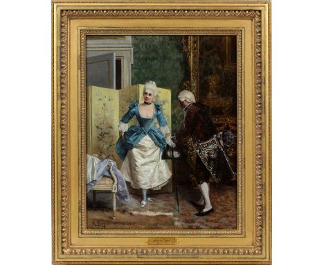 ANTONIO ZOPPI (ITALIAN, 1860-1926) OIL ON CANVAS, H 18 1/2", W 14 1/2", COURTING SCENE Signed lower left. As viewed under UV 