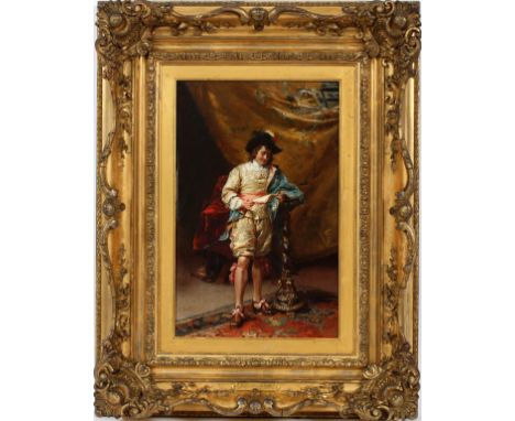 CESARE AUGUSTE DETTI (ITALIAN, 1847-1914) OIL ON CANVAS, H 16 1/2", W 10 1/2", "NEWS FROM HOME" Signed lower right. Freeman's