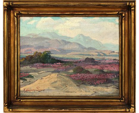 FRED GRAYSON SAYRE [AMERICAN, 1879-1939], OIL ON BOARD, H 7 1/2" W 9 1/4", DESERT LANDSCAPE Signed at the lower left, depicti