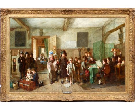 CHARLES HUNT (BRITISH, 1803-1877) OIL ON CANVAS, H 32", W 50", CHILDREN PLAYING NAPOLEON Framed. "Mock Trial". Excellent qual