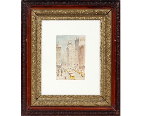 GUY WIGGINS (AMERICAN, 1883-1962) WATERCOLOR ON PAPER, H 11 1/2", W 7 1/2", NEW YORK STREET SCENE Signed lower right and fram