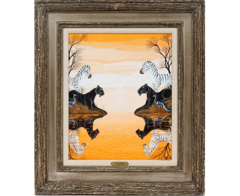 GUSTAVO NOVOA (CHILEAN, B. 1941) OIL ON BOARD, H 20 1/2", W 17" Panthers and Zebras at the water. Signed lower right. Framed.