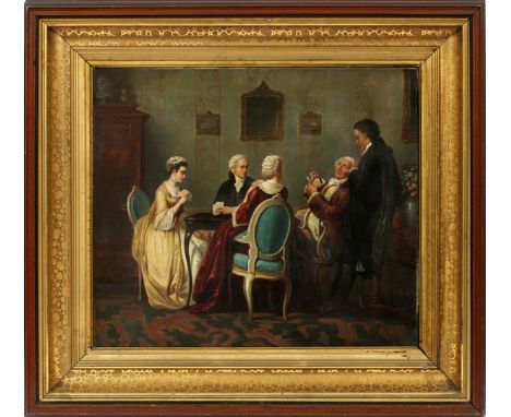 FRENCH STYLE, OIL ON CANVAS, 19TH C., H 20", L 22", CARD PLAYERSThe French style oil on canvas is unsigned and depicts a parl