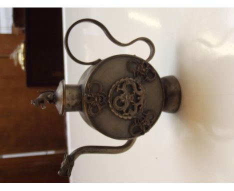 Chinese white metal mounted teapot, mouse finial to lid and stylised dragon spout, stamped to base possibly silver