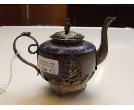Chinese white metal mounted and enamel teapot, monkey finial to lid and frog to handle, stamped to base possibly silver