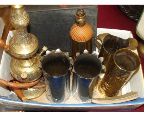 Collection of trench art to include a shell case table lamp, pair of vases, an interesting lead model of a tank, a World War 