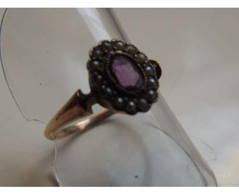 9 carat gold dress ring set with amethyst and seed pearls