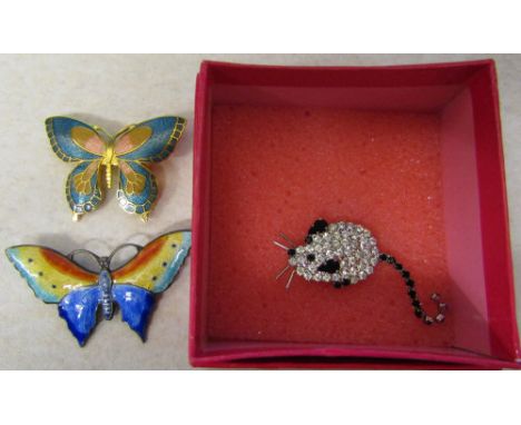 Butler & Wilson mouse brooch & 2 enamel butterfly brooches