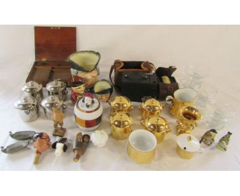 Various ceramics inc Royal Worcester and Royal Doulton, box brownie camera, draftman's box, bottle stoppers and hairbrushes