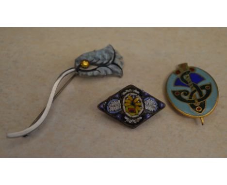 Micro mosiac brooch and two enamel style brooches