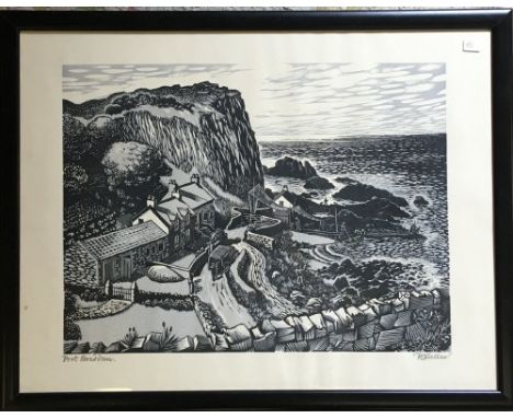 Linocut print of Port Braddan in Northern Ireland signed in pencil by the artist R G Sellar. Frame size 40cm by 54cm