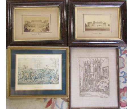 2 framed photogrpahs of Harewood House, needlepoint & a print