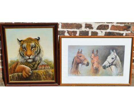 'We Three Kings' horse racing print and an oil on canvas of a tiger