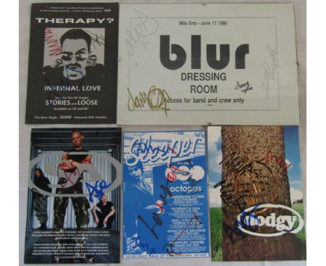Promotional poster for Blur dressing room from 1995 autographed by Blur 29.5 cm x 21 cm together with 4 autographed flyers of
