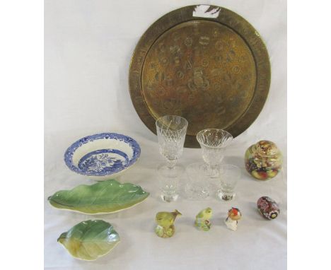 Brass Indian tray, cut glass ware & ceramics inc Royal Worcester & Goebel