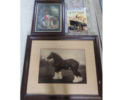 Large black and white photograph of a working horse - Longforth King Cole 30643, religious print & a tin sign