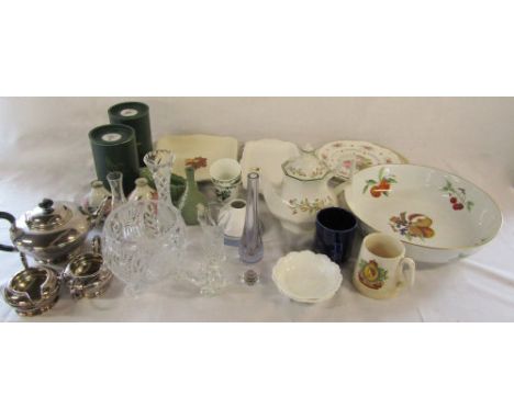 Various ceramics inc Wedgwood and Royal Worcester, silver plate tea service and cut glass crystal inc Bohemia