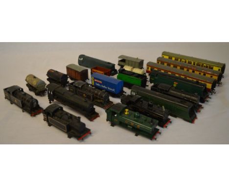 Various model railway vehicles including carriages, locomotive shells (not complete), wagons etc