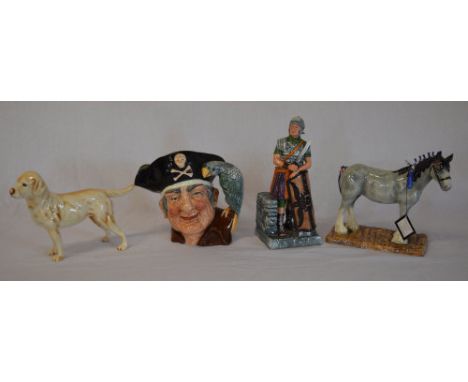 Goebel labrador, Royal Doulton 'Long John Silver' character jug, Royal Doulton 'Centurion' and a Royal Doulton 'Clydesdale' h